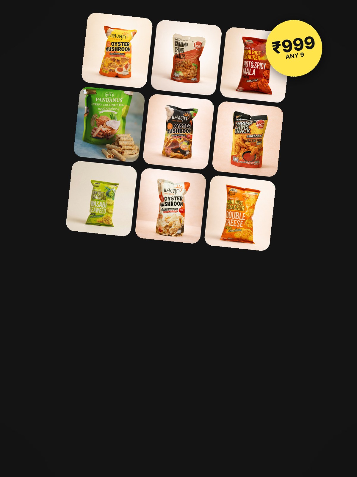 Nine Thai snack packs — pick any 9 for ₹999