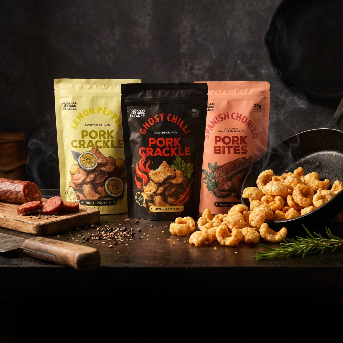 PLB pork crackle and bites in a dark kitchen