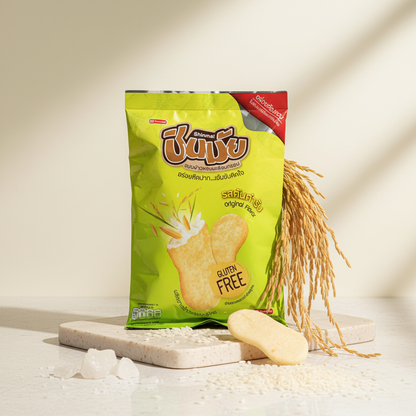 Green packet of gluten-free Shinmai Japanese rice crackers with a white background