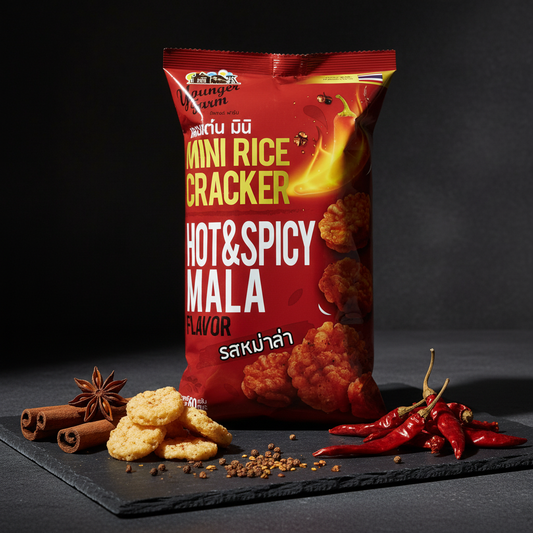Red bag of hot and spicy mala flavor mini rice crackers with crackers and spices on a dark surface