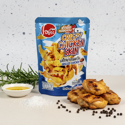 Packaged crispy chicken skin snack with ingredients on a white surface