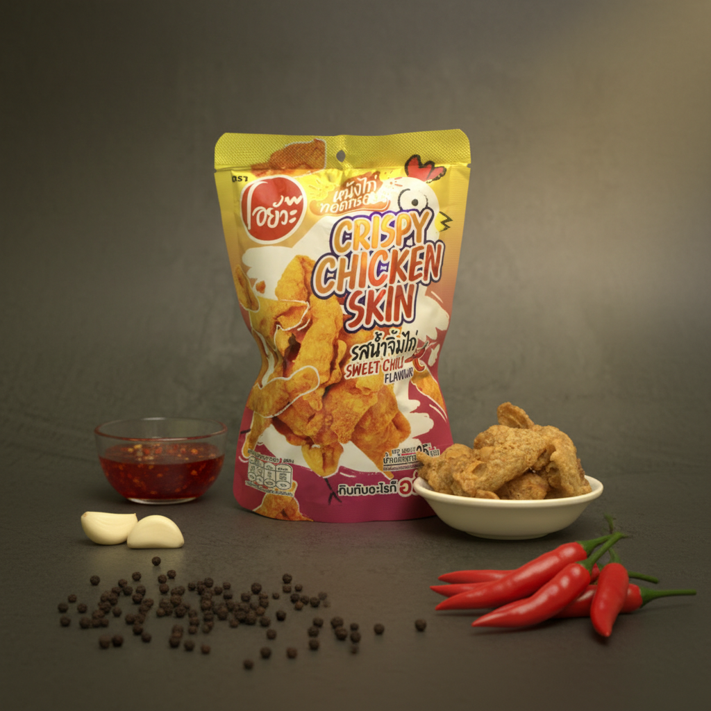 Packaged snack with crispy chicken skin on a dark background