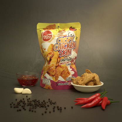 Packaged snack with crispy chicken skin on a dark background