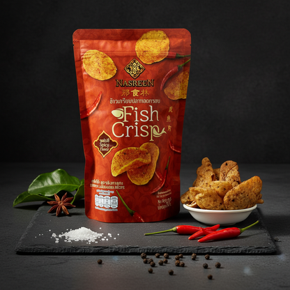 Red package of Nasreen Fish Crisp with a bowl of fish crisp on a dark surface.