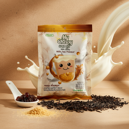 My Chewy milk candy package with milk splashes and tea leaves on a beige background