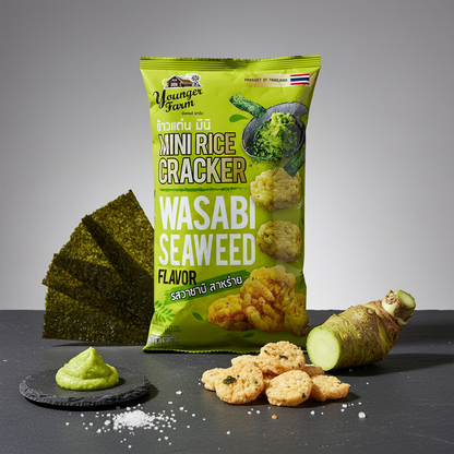 Packaging of Wasabi Seaweed Mini Rice Crackers with ingredients on a gray background