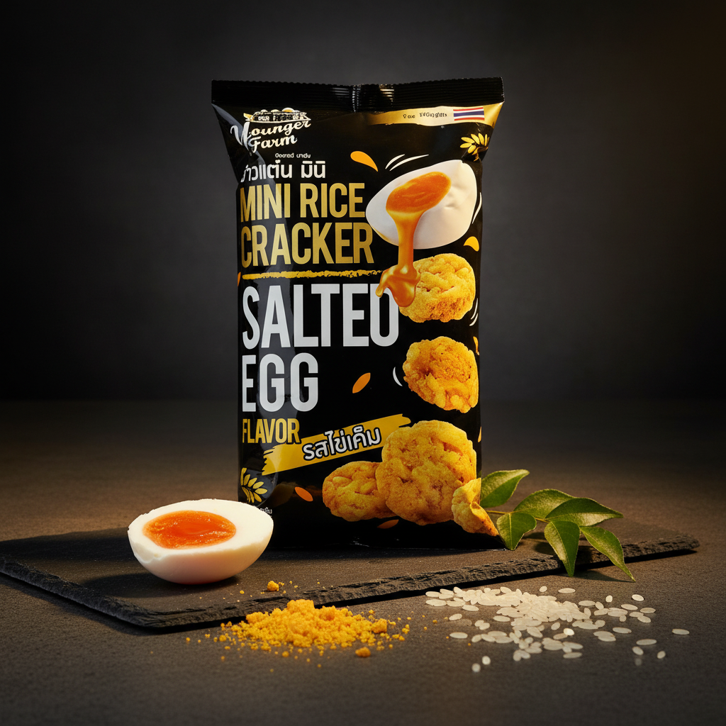 Packaging of Saltee Egg flavor mini rice cracker with an egg and salt on a dark background