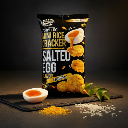 Packaging of Saltee Egg flavor mini rice cracker with an egg and salt on a dark background