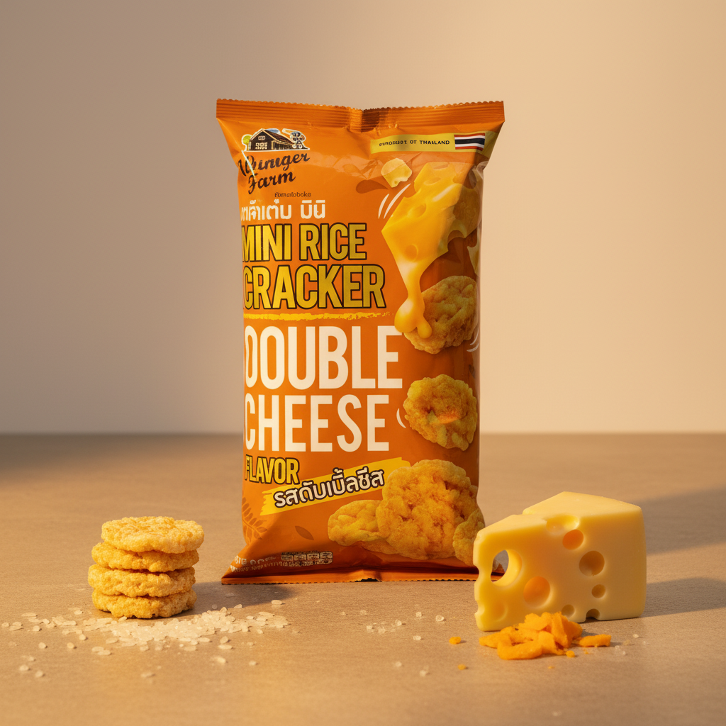 Packaging of Mini Rice Cracker Double Cheese flavor with crackers and cheese on a wooden surface.