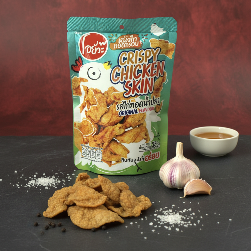 Packaged crispy chicken skin with garlic and sauce on a dark surface