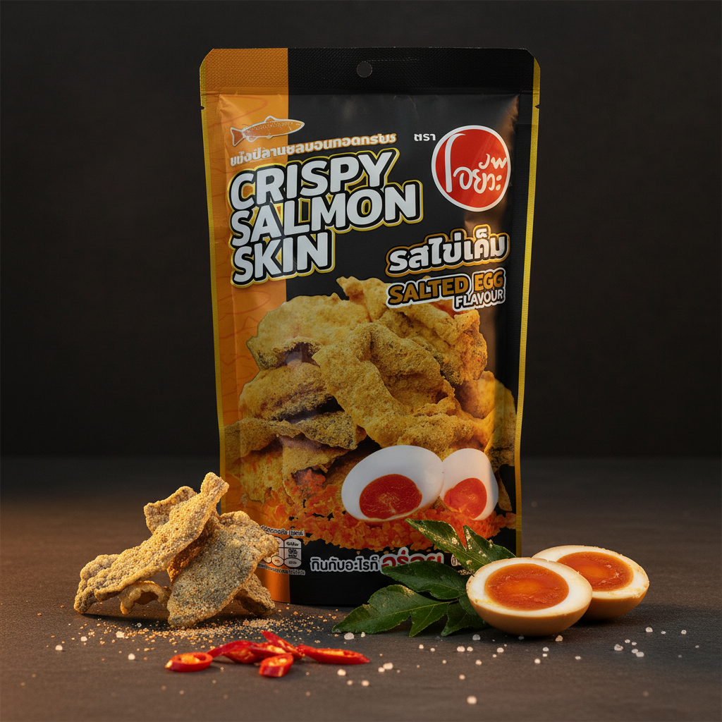 Packaged crispy salmon skin snacks with ingredients on a dark background