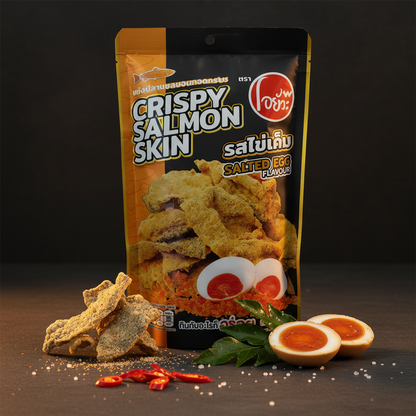 Packaged crispy salmon skin snacks with ingredients on a dark background