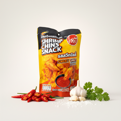 Shrimp chins snack package with ingredients on a white background
