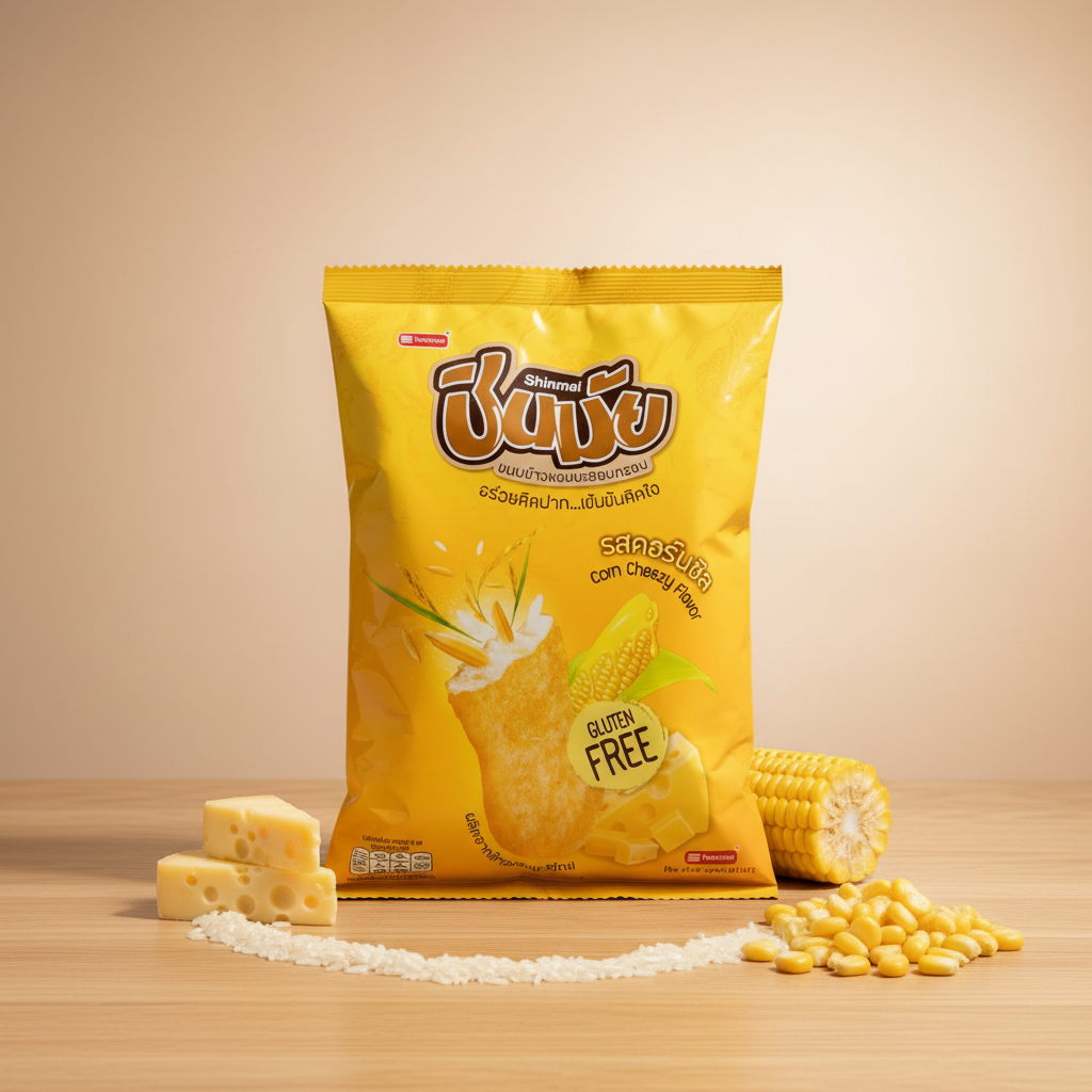 Yellow snack bag with corn and cheese on a wooden surface