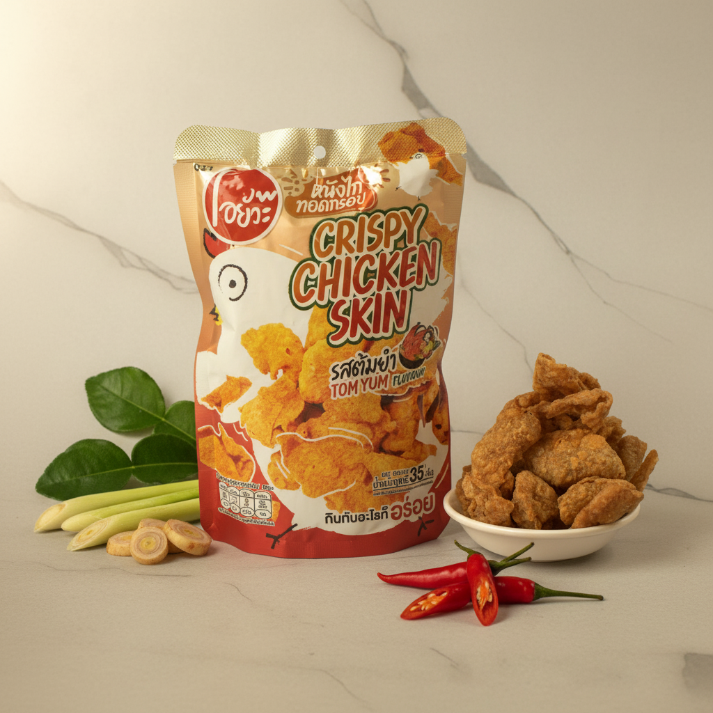 Packaged Crispy Chicken Skin with a bowl of fried chicken skin pieces on a light background