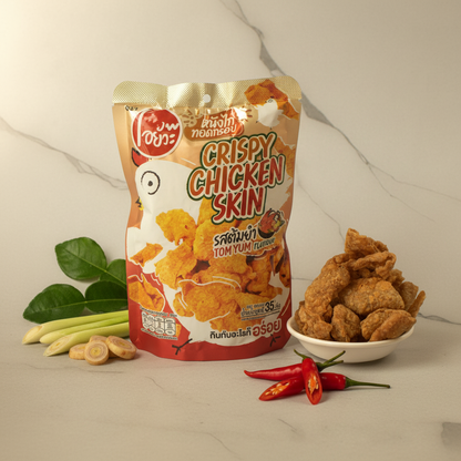 Packaged Crispy Chicken Skin with a bowl of fried chicken skin pieces on a light background