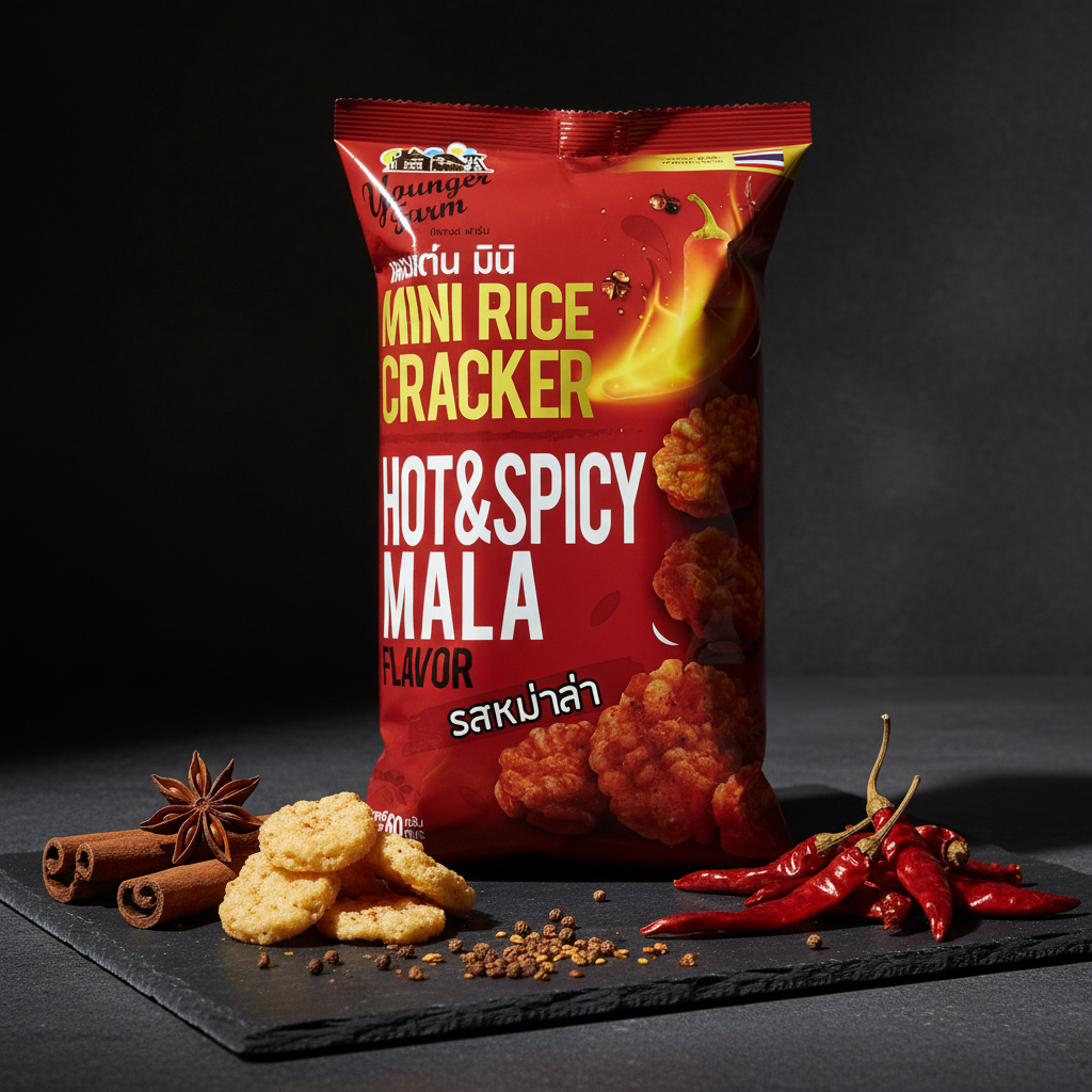 Hot and spicy mala rice crackers with spices on a dark surface