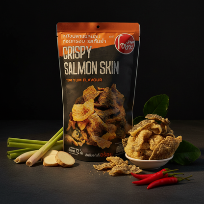 Packaged Crispy Salmon Skin snacks with ingredients on a dark background