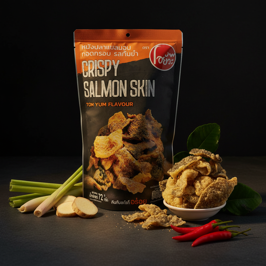 Packaged Crispy Salmon Skin snacks with ingredients on a dark background