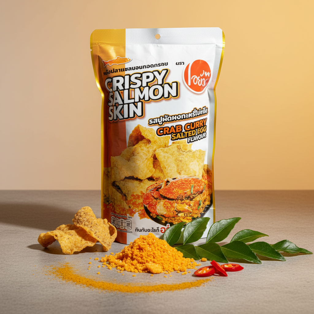 Packaged snack with crispy salmon skin crab curry salted egg flavor on a beige background