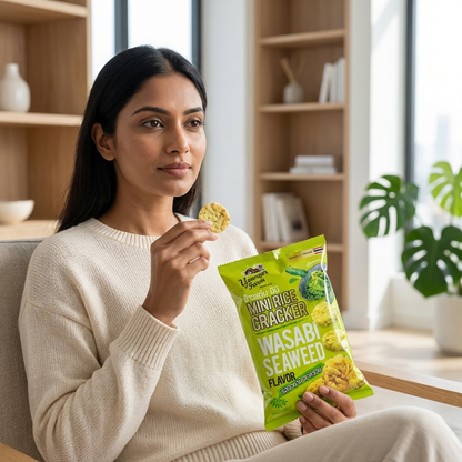 Woman holding a package of Wasabi Seaweed flavor crackers in a home setting.