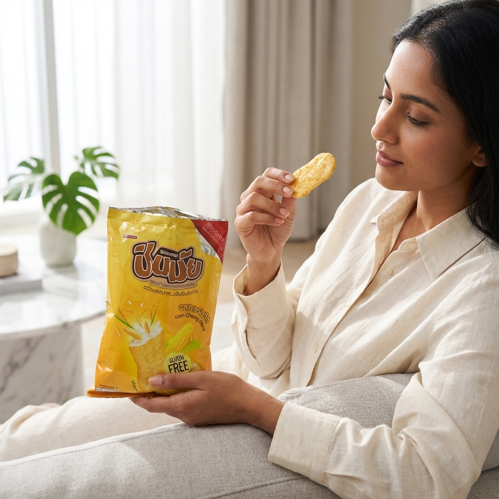 Woman sitting on a couch holding a bag of Shinmai Japanese Rice cracker and eating one.