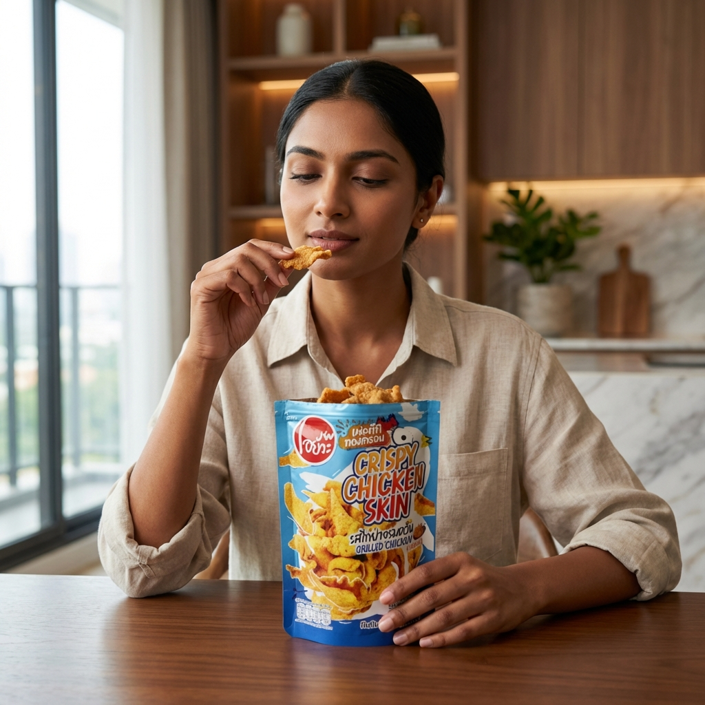 Woman eating chips from a bag of Crispy Chicken Skin snacks in a kitchen setting