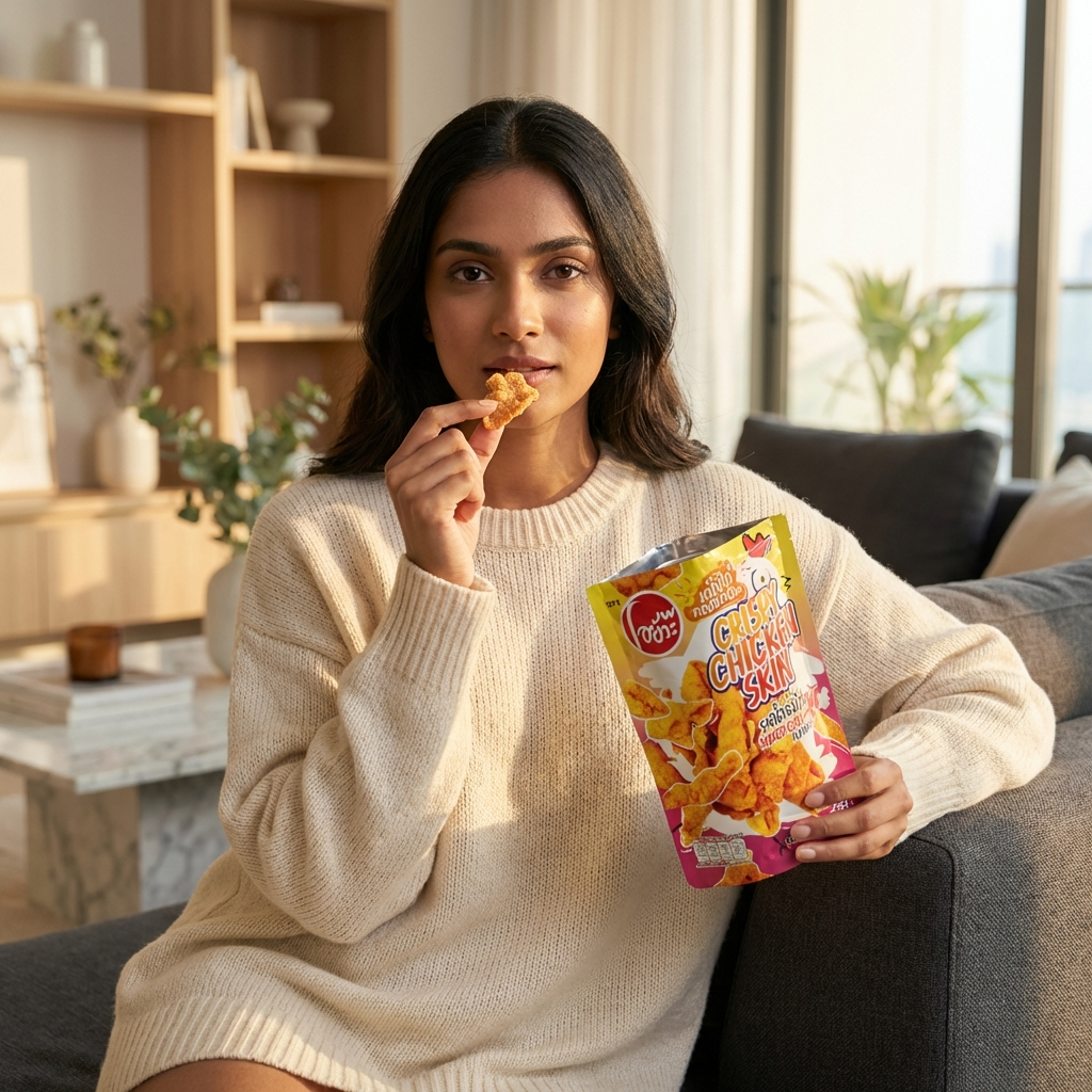 Woman sitting on a couch eating chicken skin chips from a packet in a cozy living room.
