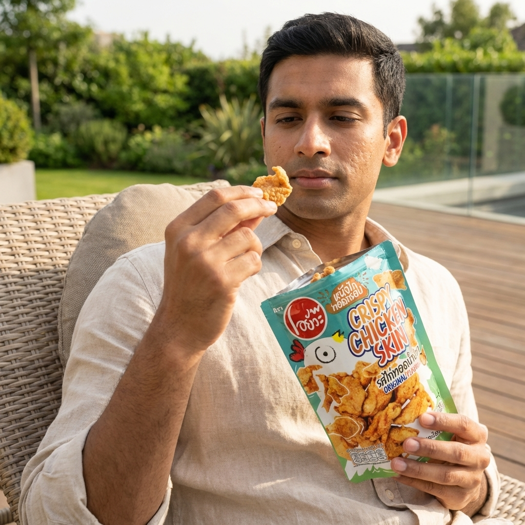Man holding a box of Crispy Chicken Skin snacks outdoors