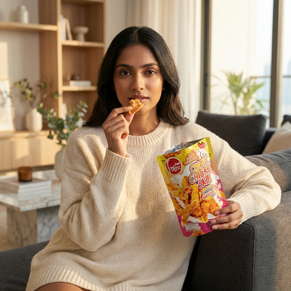 Snacking on sweet chili chicken skin chips on the couch