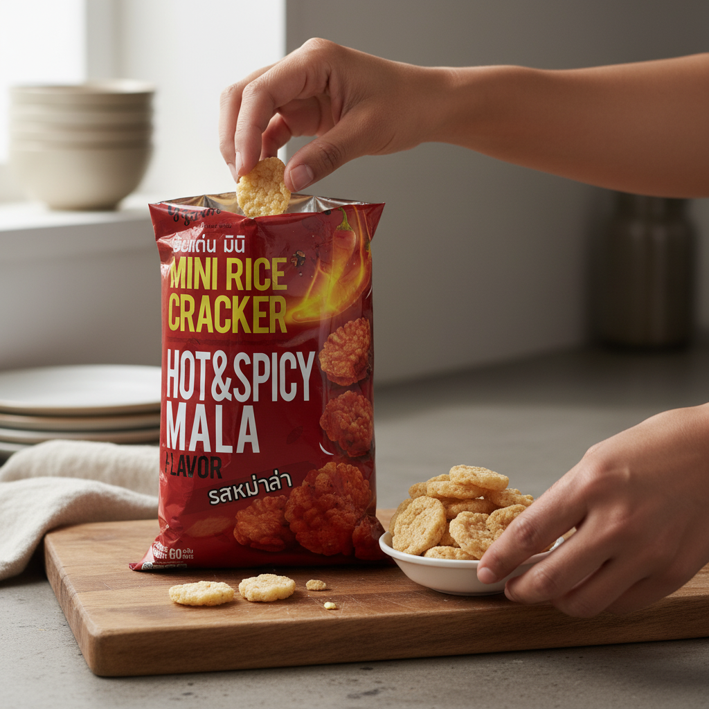 Person reaching into a bag of Hot & Spicy Mala Mini Rice Crackers on a wooden cutting board.