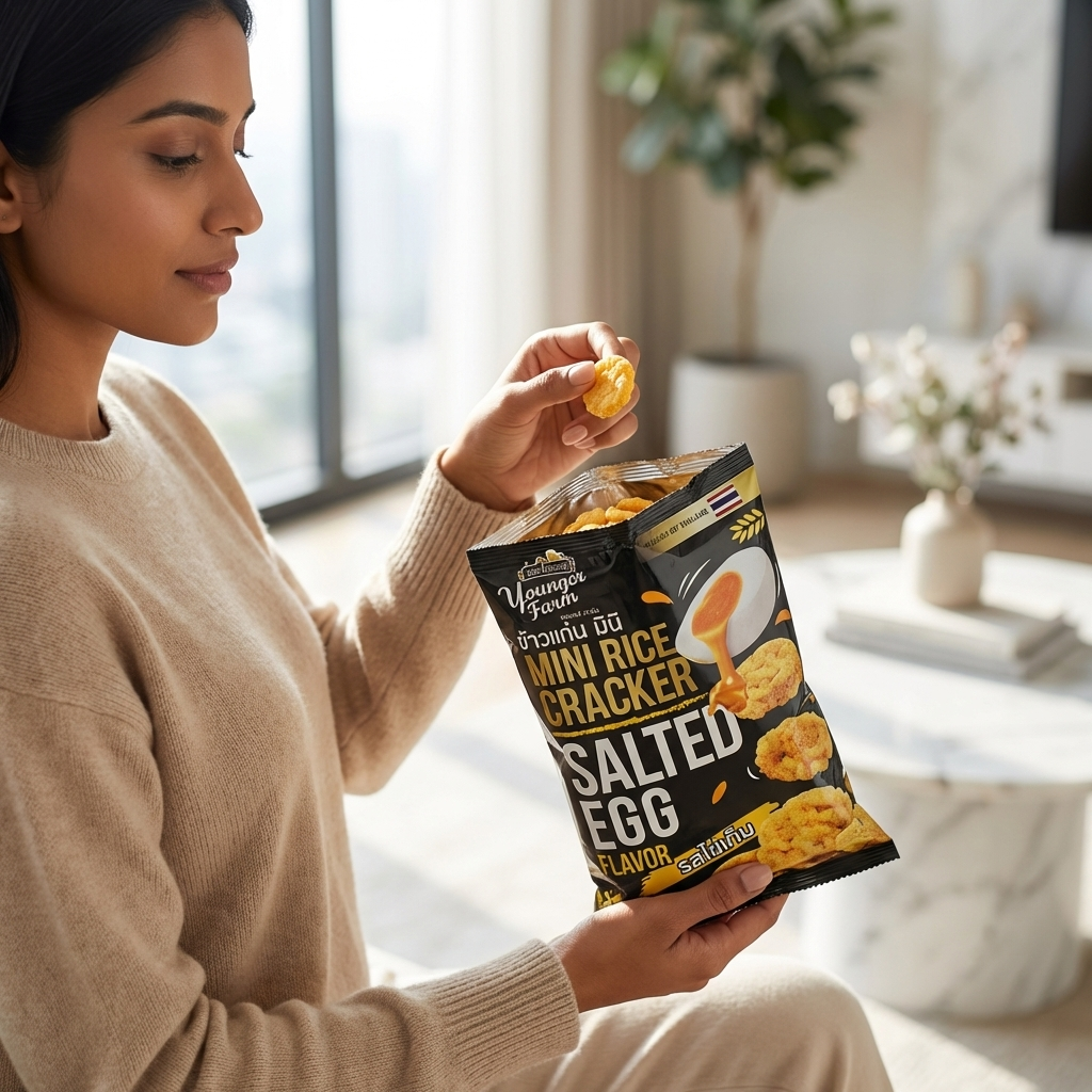 Woman holding a packet of salted egg crackers in a bright room.