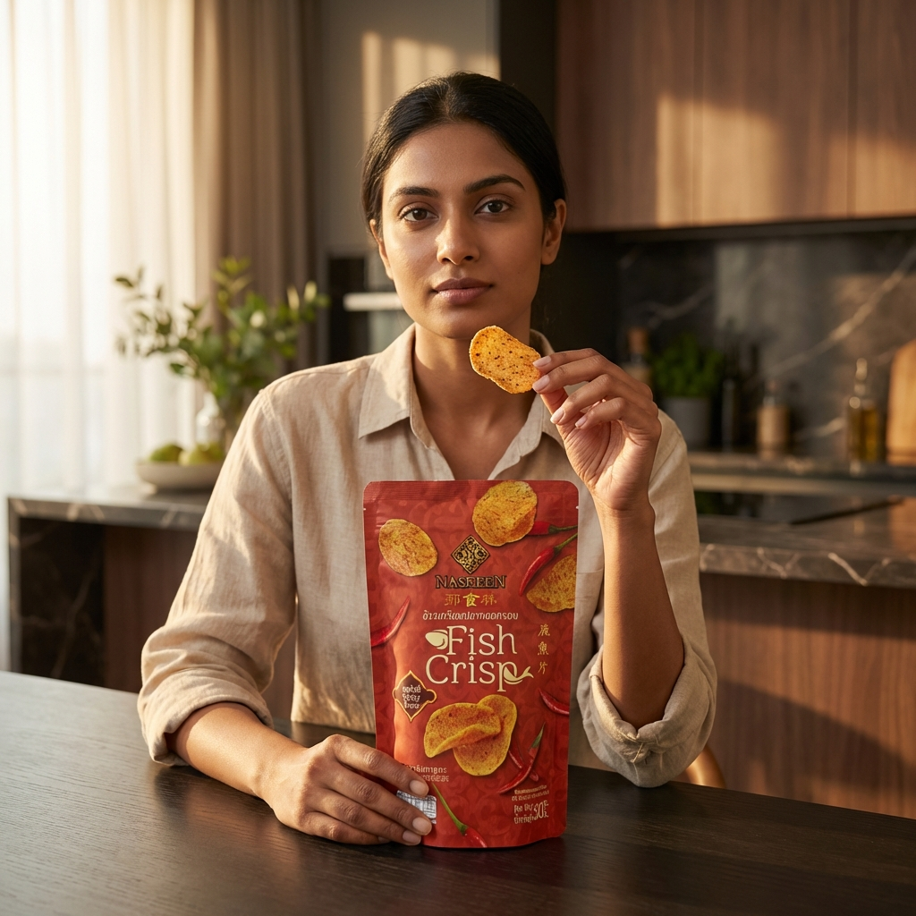 Woman holding a bag of fish crisps in a kitchen setting