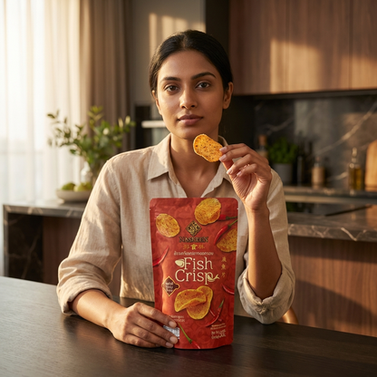 Woman holding a bag of fish crisps in a kitchen setting