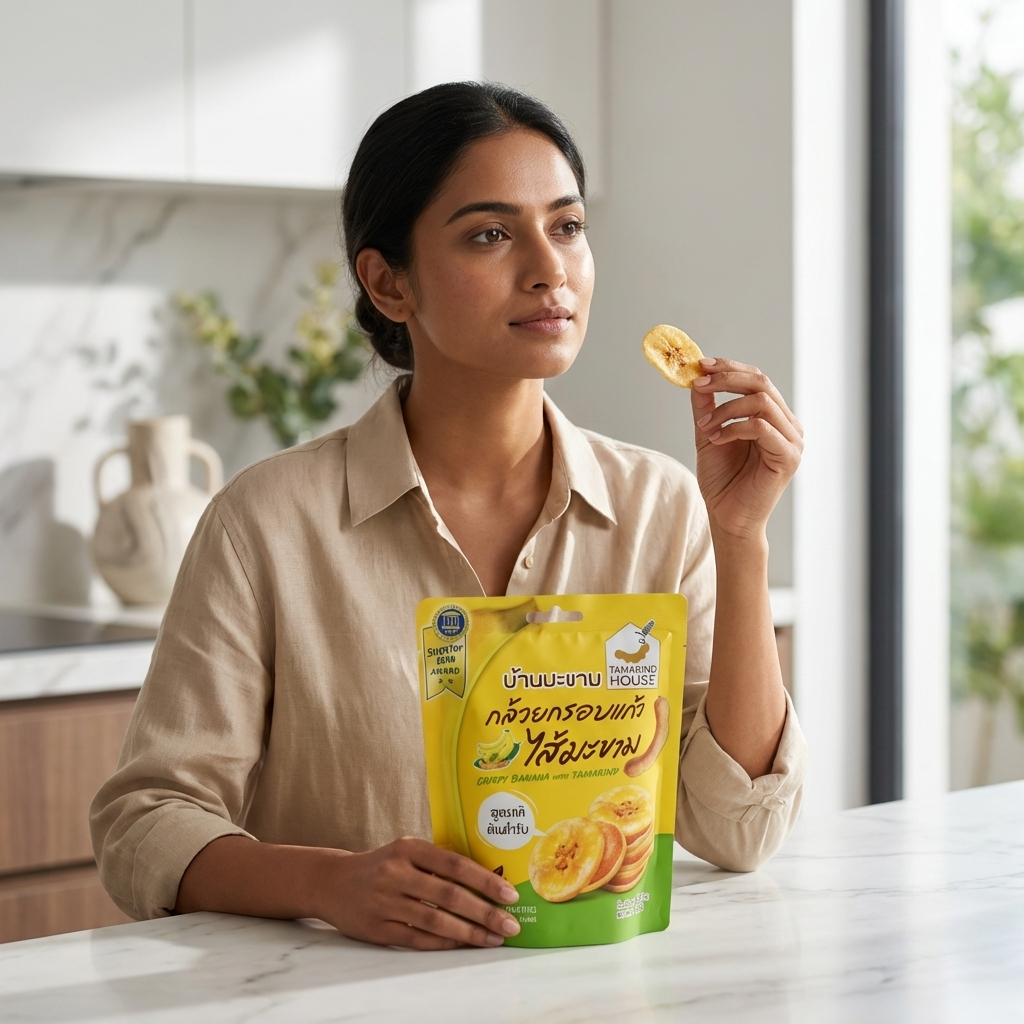 Holding a pack of crispy banana snack in the kitchen
