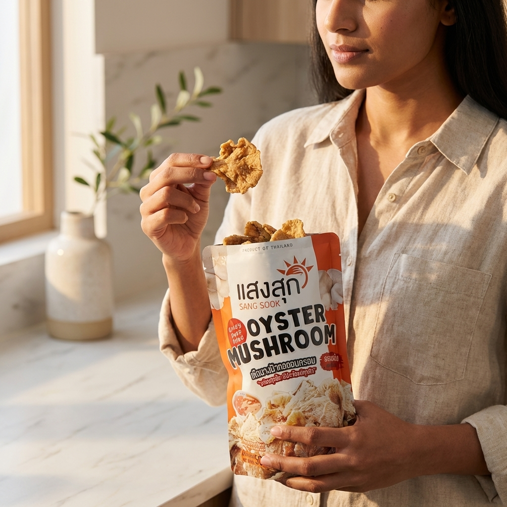 Person holding a bag of oyster mushroom snacks indoors