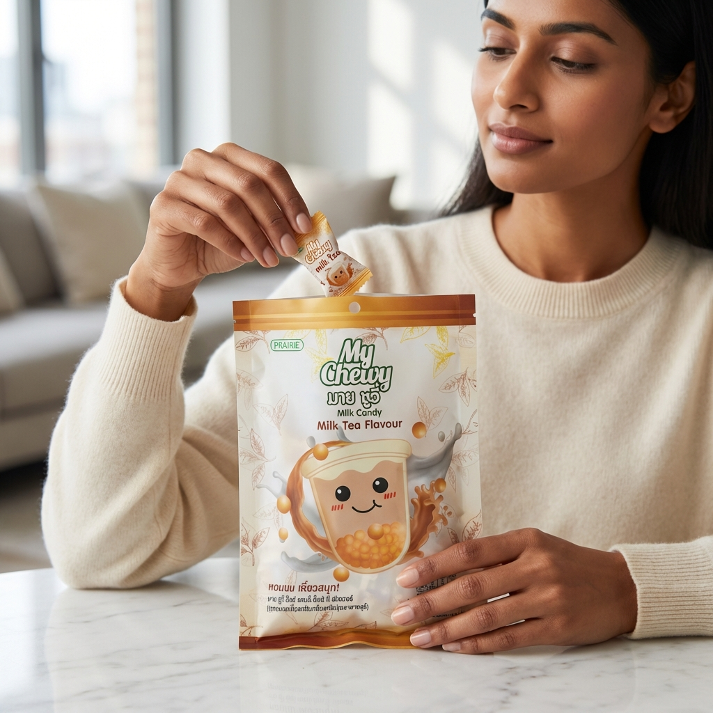 Woman opening a 'My Chewy' milk tea candy package in a home setting