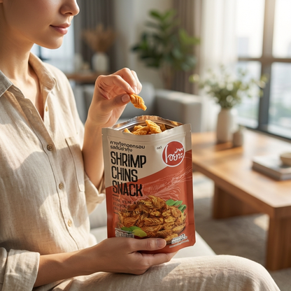 Person holding a bag of 'Shrimp Chins Snack' in a home setting
