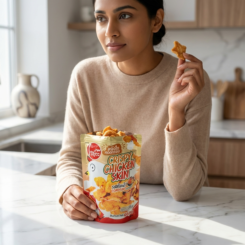 Woman holding a bag of Crispy Chicken Skin snacks in a kitchen.
