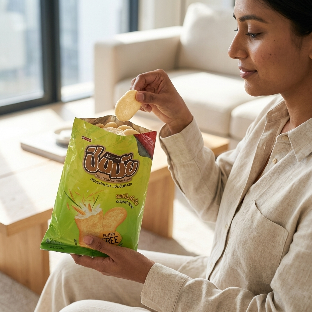 Snacking on SHINMAI jasmine rice crackers on the couch