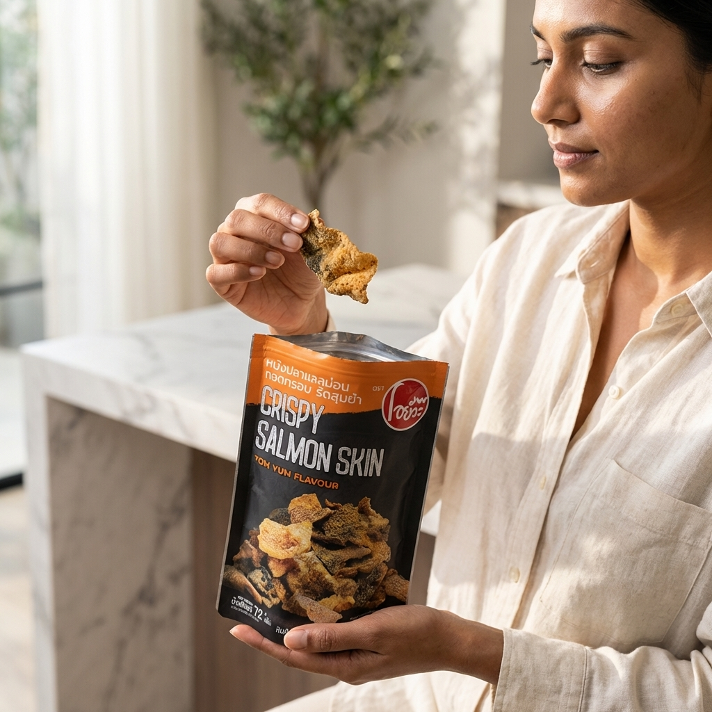 Woman holding a bag of Crispy Salmon Skin snack