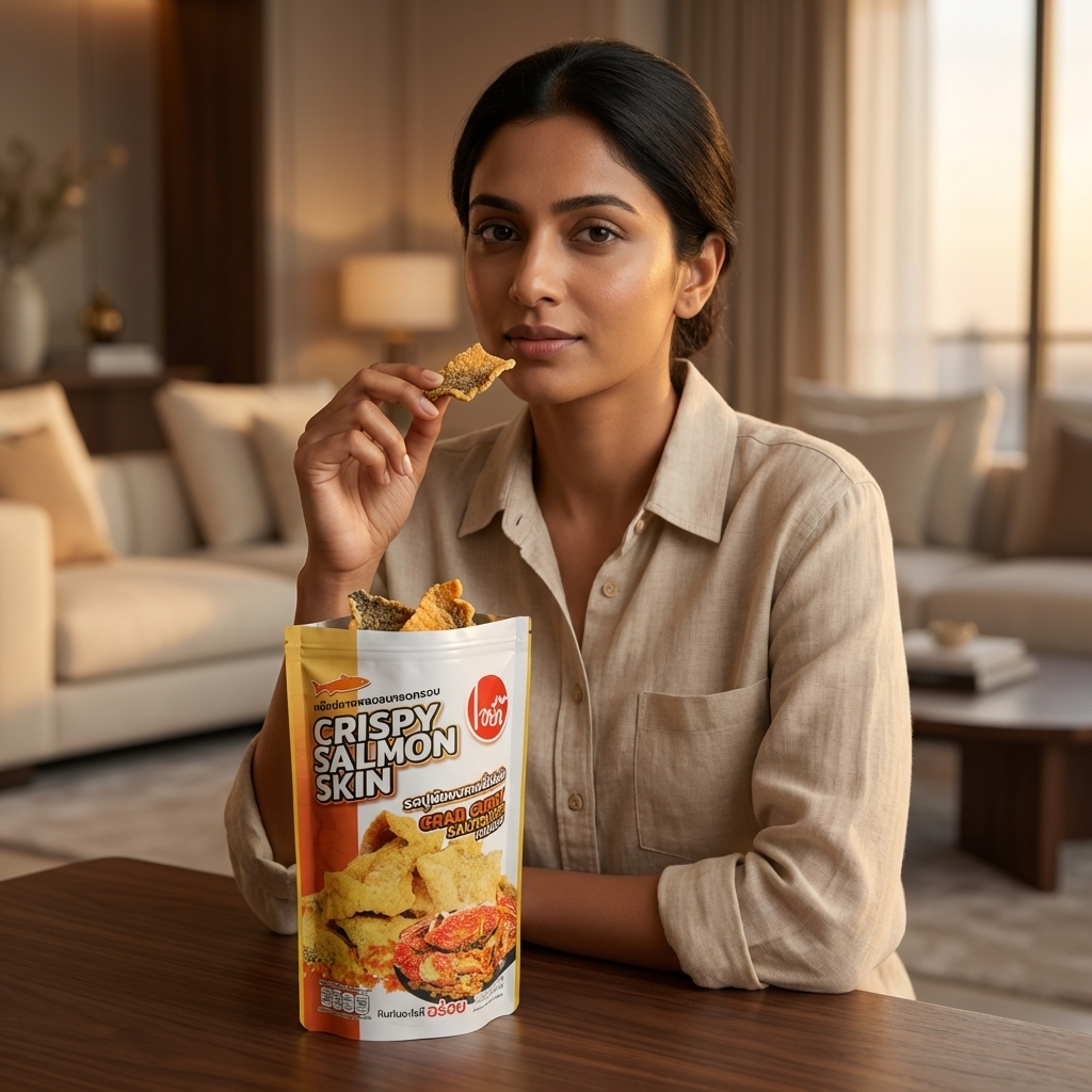 Woman eating a snack from a 'Crispy Salmon Skin' package in a living room setting.