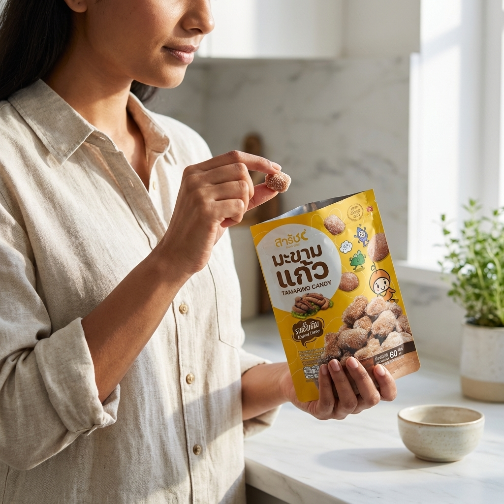 Woman holding a package of Tamarind candy in a kitchen setting