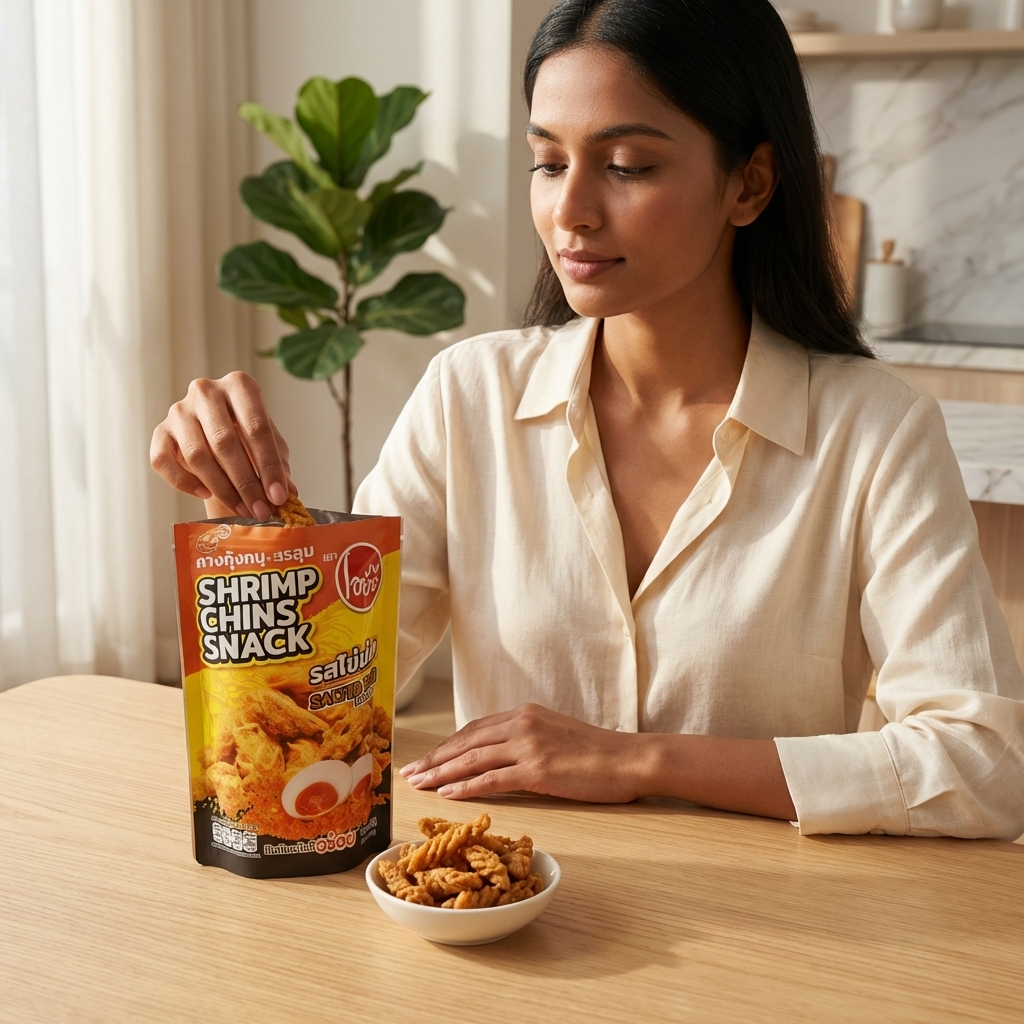 Woman sitting at a table with a pack of Shrimp Chins Snack and a bowl of snacks.