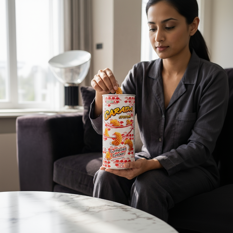 Woman sitting on a couch holding a large container of Carada Crunchy Crackers