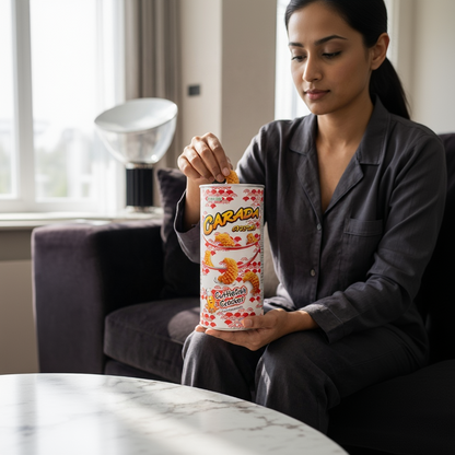 Woman sitting on a couch holding a large container of Carada Crunchy Crackers