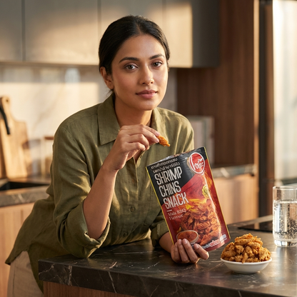 Woman holding a package of Shrimp Chins snack in a kitchen setting