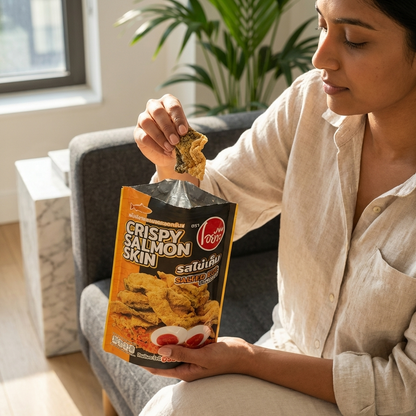 Woman holding a package of crispy salmon skin snacks in a home setting