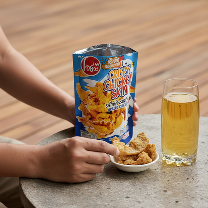 Person holding a box of Oyua Crispy Chicken Skin with a glass of beer on a wooden table.