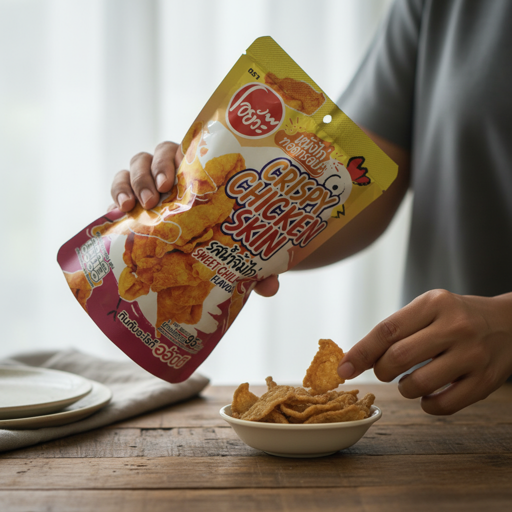 Person holding a package of crispy chicken skin snacks with a bowl of snacks on a wooden table.